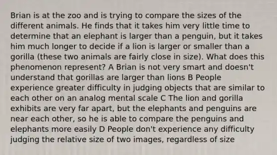 Brian is at the zoo and is trying to compare the sizes of the different animals. He finds that it takes him very little time to determine that an elephant is larger than a penguin, but it takes him much longer to decide if a lion is larger or smaller than a gorilla (these two animals are fairly close in size). What does this phenomenon represent? A Brian is not very smart and doesn't understand that gorillas are larger than lions B People experience greater difficulty in judging objects that are similar to each other on an analog mental scale C The lion and gorilla exhibits are very far apart, but the elephants and penguins are near each other, so he is able to compare the penguins and elephants more easily D People don't experience any difficulty judging the relative size of two images, regardless of size