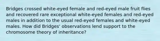 Bridges crossed white-eyed female and red-eyed male fruit flies and recovered rare exceptional white-eyed females and red-eyed males in addition to the usual red-eyed females and white-eyed males. How did Bridges' observations lend support to the chromosome theory of inheritance?