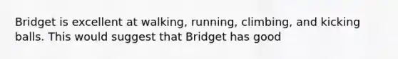 ​Bridget is excellent at walking, running, climbing, and kicking balls. This would suggest that Bridget has good