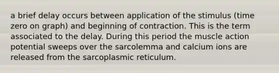 a brief delay occurs between application of the stimulus (time zero on graph) and beginning of contraction. This is the term associated to the delay. During this period the muscle action potential sweeps over the sarcolemma and calcium ions are released from the sarcoplasmic reticulum.