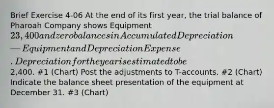 Brief Exercise 4-06 At the end of its first year, the trial balance of Pharoah Company shows Equipment 23,400 and zero balances in Accumulated Depreciation—Equipment and Depreciation Expense. Depreciation for the year is estimated to be2,400. #1 (Chart) Post the adjustments to T-accounts. #2 (Chart) Indicate the balance sheet presentation of the equipment at December 31. #3 (Chart)