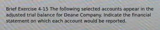 Brief Exercise 4-15 The following selected accounts appear in the adjusted trial balance for Deane Company. Indicate the financial statement on which each account would be reported.