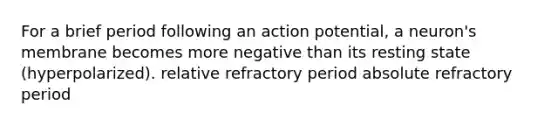 For a brief period following an action potential, a neuron's membrane becomes more negative than its resting state (hyperpolarized). relative refractory period absolute refractory period