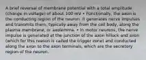 A brief reversal of membrane potential with a total amplitude (change in voltage) of about 100 mV • Functionally, the axon is the conducting region of the neuron. It generates nerve impulses and transmits them, typically away from the cell body, along the plasma membrane, or axolemma. • In motor neurons, the nerve impulse is generated at the junction of the axon hillock and axon (which for this reason is called the trigger zone) and conducted along the axon to the axon terminals, which are the secretory region of the neuron.