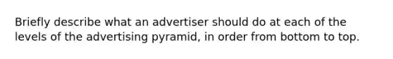 Briefly describe what an advertiser should do at each of the levels of the advertising pyramid, in order from bottom to top.