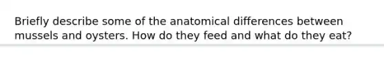 Briefly describe some of the anatomical differences between mussels and oysters. How do they feed and what do they eat?