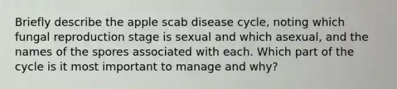 Briefly describe the apple scab disease cycle, noting which fungal reproduction stage is sexual and which asexual, and the names of the spores associated with each. Which part of the cycle is it most important to manage and why?