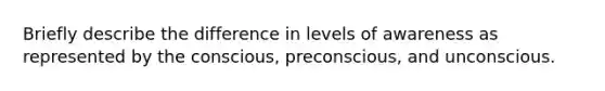 Briefly describe the difference in levels of awareness as represented by the conscious, preconscious, and unconscious.