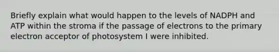 Briefly explain what would happen to the levels of NADPH and ATP within the stroma if the passage of electrons to the primary electron acceptor of photosystem I were inhibited.