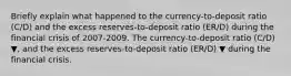 Briefly explain what happened to the​ currency-to-deposit ratio​ (C/D) and the excess​ reserves-to-deposit ratio​ (ER/D) during the financial crisis of 2007-2009. The​ currency-to-deposit ratio​ (C/D) ▼​, and the excess​ reserves-to-deposit ratio​ (ER/D) ▼ during the financial crisis.