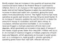 Briefly explain how an increase in the quantity of reserves that commercial banks hold at the Federal Reserve could lead to inflation. Part 2 A. An increase in the reserves that commercial banks hold at the Federal Reserve enables the central bank to increase its bond purchases from​ investors, giving the bond sellers more discretionary income. The higher incomes fuel more spending on goods and​ services, forcing the price level higher. B. An increase in reserves enables the central bank to increase the amount of money in​ circulation, and with more money in​ circulation, inflation becomes inevitable. C. An increase in reserves triggers a multiple expansion of bank loans and​ deposits, which generates an increase in the stock of money. If the money supply grows faster than real​ GDP, inflation will occur. D. An increase in reserves triggers a multiple expansion of bank loans and​ deposits, which generates an increase in asset prices​ and, as a​ consequence, rapid growth in private spending. If spending grows faster than real​ GDP, inflation will occur.