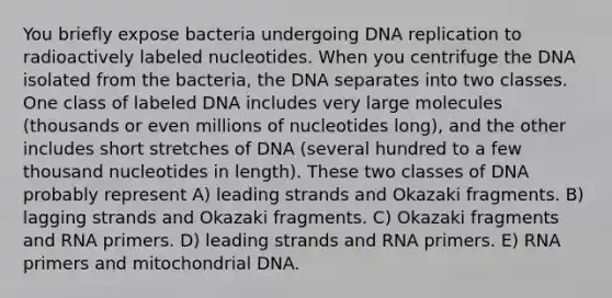 You briefly expose bacteria undergoing DNA replication to radioactively labeled nucleotides. When you centrifuge the DNA isolated from the bacteria, the DNA separates into two classes. One class of labeled DNA includes very large molecules (thousands or even millions of nucleotides long), and the other includes short stretches of DNA (several hundred to a few thousand nucleotides in length). These two classes of DNA probably represent A) leading strands and Okazaki fragments. B) lagging strands and Okazaki fragments. C) Okazaki fragments and RNA primers. D) leading strands and RNA primers. E) RNA primers and mitochondrial DNA.