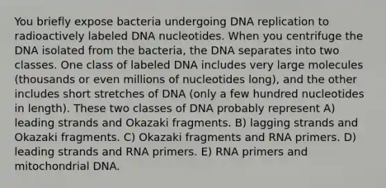 You briefly expose bacteria undergoing DNA replication to radioactively labeled DNA nucleotides. When you centrifuge the DNA isolated from the bacteria, the DNA separates into two classes. One class of labeled DNA includes very large molecules (thousands or even millions of nucleotides long), and the other includes short stretches of DNA (only a few hundred nucleotides in length). These two classes of DNA probably represent A) leading strands and Okazaki fragments. B) lagging strands and Okazaki fragments. C) Okazaki fragments and RNA primers. D) leading strands and RNA primers. E) RNA primers and mitochondrial DNA.