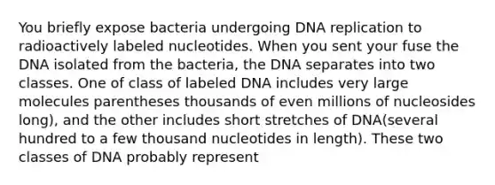 You briefly expose bacteria undergoing <a href='https://www.questionai.com/knowledge/kofV2VQU2J-dna-replication' class='anchor-knowledge'>dna replication</a> to radioactively labeled nucleotides. When you sent your fuse the DNA isolated from the bacteria, the DNA separates into two classes. One of class of labeled DNA includes very large molecules parentheses thousands of even millions of nucleosides long), and the other includes short stretches of DNA(several hundred to a few thousand nucleotides in length). These two classes of DNA probably represent