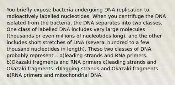 You briefly expose bacteria undergoing DNA replication to radioactively labelled nucleotides. When you centrifuge the DNA isolated from the bacteria, the DNA separates into two classes. One class of labelled DNA includes very large molecules (thousands or even millions of nucleotides long), and the other includes short stretches of DNA (several hundred to a few thousand nucleotides in length). These two classes of DNA probably represent... a)leading strands and RNA primers. b)Okazaki fragments and RNA primers c)leading strands and Okazaki fragments. d)lagging strands and Okazaki fragments e)RNA primers and mitochondrial DNA.