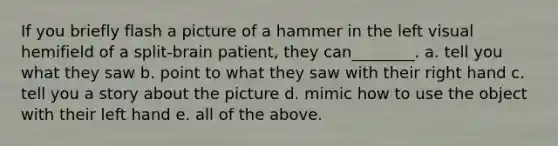 If you briefly flash a picture of a hammer in the left visual hemifield of a split-brain patient, they can________. a. tell you what they saw b. point to what they saw with their right hand c. tell you a story about the picture d. mimic how to use the object with their left hand e. all of the above.