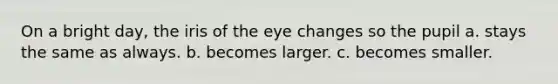 On a bright day, the iris of the eye changes so the pupil a. stays the same as always. b. becomes larger. c. becomes smaller.