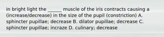 in bright light the ______ muscle of the iris contracts causing a (increase/decrease) in the size of the pupil (constriction) A. sphincter pupillae; decrease B. dilator pupillae; decrease C. sphincter pupillae; incraze D. culinary; decrease