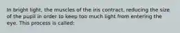 In bright light, the muscles of the iris contract, reducing the size of the pupil in order to keep too much light from entering the eye. This process is called: