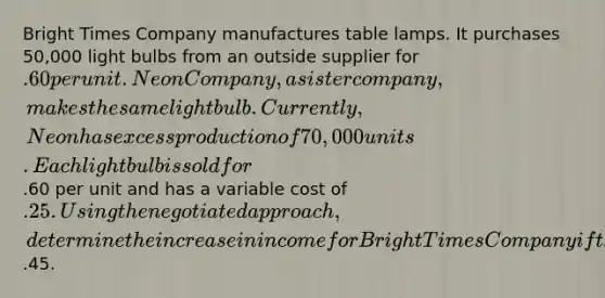 Bright Times Company manufactures table lamps. It purchases 50,000 light bulbs from an outside supplier for .60 per unit. Neon Company, a sister company, makes the same light bulb. Currently, Neon has excess production of 70,000 units. Each light bulb is sold for.60 per unit and has a variable cost of .25. Using the negotiated approach, determine the increase in income for Bright Times Company if the negotiated price between Bright Times and Neon is.45.