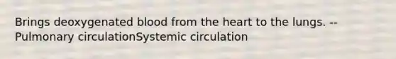 Brings deoxygenated blood from the heart to the lungs. --Pulmonary circulationSystemic circulation