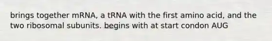 brings together mRNA, a tRNA with the first amino acid, and the two ribosomal subunits. begins with at start condon AUG