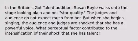 In the Britain's Got Talent audition, Susan Boyle walks onto the stage looking plain and not "star quality." The judges and audience do not expect much from her. But when she begins singing, the audience and judges are shocked that she has a powerful voice. What perceptual factor contributed to the intensification of their shock that she has talent?