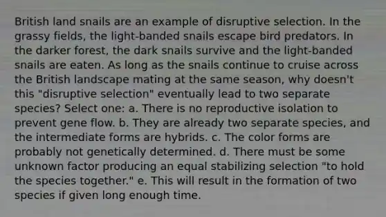 British land snails are an example of disruptive selection. In the grassy fields, the light-banded snails escape bird predators. In the darker forest, the dark snails survive and the light-banded snails are eaten. As long as the snails continue to cruise across the British landscape mating at the same season, why doesn't this "disruptive selection" eventually lead to two separate species? Select one: a. There is no reproductive isolation to prevent gene flow. b. They are already two separate species, and the intermediate forms are hybrids. c. The color forms are probably not genetically determined. d. There must be some unknown factor producing an equal stabilizing selection "to hold the species together." e. This will result in the formation of two species if given long enough time.