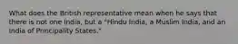 What does the British representative mean when he says that there is not one India, but a "Hindu India, a Muslim India, and an India of Principality States."