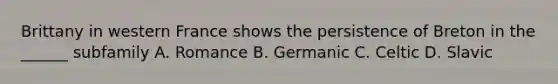 Brittany in western France shows the persistence of Breton in the ______ subfamily A. Romance B. Germanic C. Celtic D. Slavic