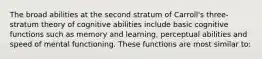 The broad abilities at the second stratum of Carroll's three-stratum theory of cognitive abilities include basic cognitive functions such as memory and learning, perceptual abilities and speed of mental functioning. These functions are most similar to: