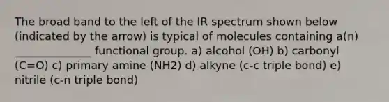 The broad band to the left of the IR spectrum shown below (indicated by the arrow) is typical of molecules containing a(n) ______________ functional group. a) alcohol (OH) b) carbonyl (C=O) c) primary amine (NH2) d) alkyne (c-c triple bond) e) nitrile (c-n triple bond)