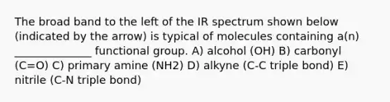 The broad band to the left of the IR spectrum shown below (indicated by the arrow) is typical of molecules containing a(n) ______________ functional group. A) alcohol (OH) B) carbonyl (C=O) C) primary amine (NH2) D) alkyne (C-C triple bond) E) nitrile (C-N triple bond)