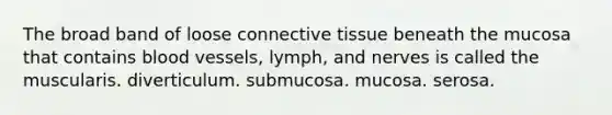 The broad band of loose connective tissue beneath the mucosa that contains blood vessels, lymph, and nerves is called the muscularis. diverticulum. submucosa. mucosa. serosa.