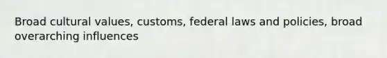 Broad cultural values, customs, federal laws and policies, broad overarching influences