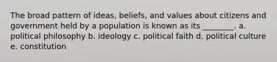 The broad pattern of ideas, beliefs, and values about citizens and government held by a population is known as its ________. a. political philosophy b. ideology c. political faith d. political culture e. constitution