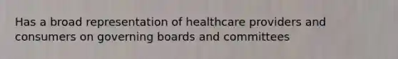 Has a broad representation of healthcare providers and consumers on governing boards and committees