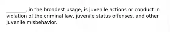 ________, in the broadest usage, is juvenile actions or conduct in violation of the criminal law, juvenile status offenses, and other juvenile misbehavior.