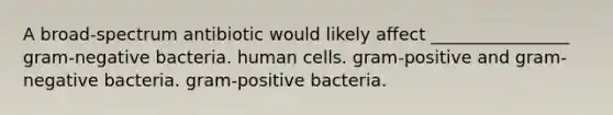 A broad-spectrum antibiotic would likely affect ________________ gram-negative bacteria. human cells. gram-positive and gram-negative bacteria. gram-positive bacteria.