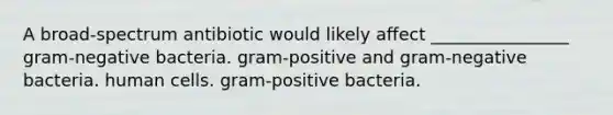 A broad-spectrum antibiotic would likely affect ________________ gram-negative bacteria. gram-positive and gram-negative bacteria. human cells. gram-positive bacteria.