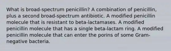 What is broad-spectrum penicillin? A combination of penicillin, plus a second broad-spectrum antibiotic. A modified penicillin molecule that is resistant to beta-lactamases. A modified penicillin molecule that has a single beta-lactam ring. A modified penicillin molecule that can enter the porins of some Gram-negative bacteria.