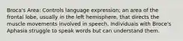 Broca's Area: Controls language expression; an area of the frontal lobe, usually in the left hemisphere, that directs the muscle movements involved in speech. Individuals with Broce's Aphasia struggle to speak words but can understand them.