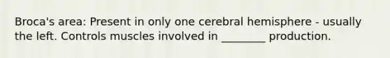 Broca's area: Present in only one cerebral hemisphere - usually the left. Controls muscles involved in ________ production.