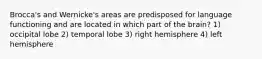 Brocca's and Wernicke's areas are predisposed for language functioning and are located in which part of the brain? 1) occipital lobe 2) temporal lobe 3) right hemisphere 4) left hemisphere