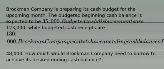 Brockman Company is preparing its <a href='https://www.questionai.com/knowledge/k5eyRVQLz3-cash-budget' class='anchor-knowledge'>cash budget</a> for the upcoming month. The budgeted beginning cash balance is expected to be​ 35,000. Budgeted cash disbursements are​123,000, while budgeted cash receipts are​ 130,000. Brockman Company wants to have an ending cash balance of​48,000. How much would Brockman Company need to borrow to achieve its desired ending cash​ balance?