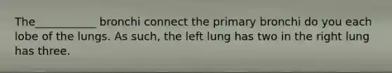 The___________ bronchi connect the primary bronchi do you each lobe of the lungs. As such, the left lung has two in the right lung has three.