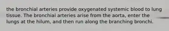 the bronchial arteries provide oxygenated systemic blood to lung tissue. The bronchial arteries arise from the aorta, enter the lungs at the hilum, and then run along the branching bronchi.