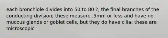 each bronchiole divides into 50 to 80 ?, the final branches of the conducting division; these measure .5mm or less and have no mucous glands or goblet cells, but they do have cilia; these are microscopic