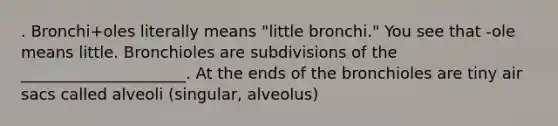 . Bronchi+oles literally means "little bronchi." You see that -ole means little. Bronchioles are subdivisions of the _____________________. At the ends of the bronchioles are tiny air sacs called alveoli (singular, alveolus)