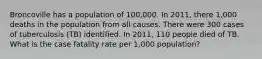 Broncoville has a population of 100,000. In 2011, there 1,000 deaths in the population from all causes. There were 300 cases of tuberculosis (TB) identified. In 2011, 110 people died of TB. What is the case fatality rate per 1,000 population?